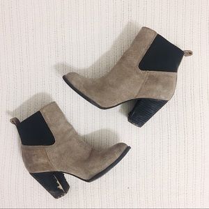 Gray and tan suede booties